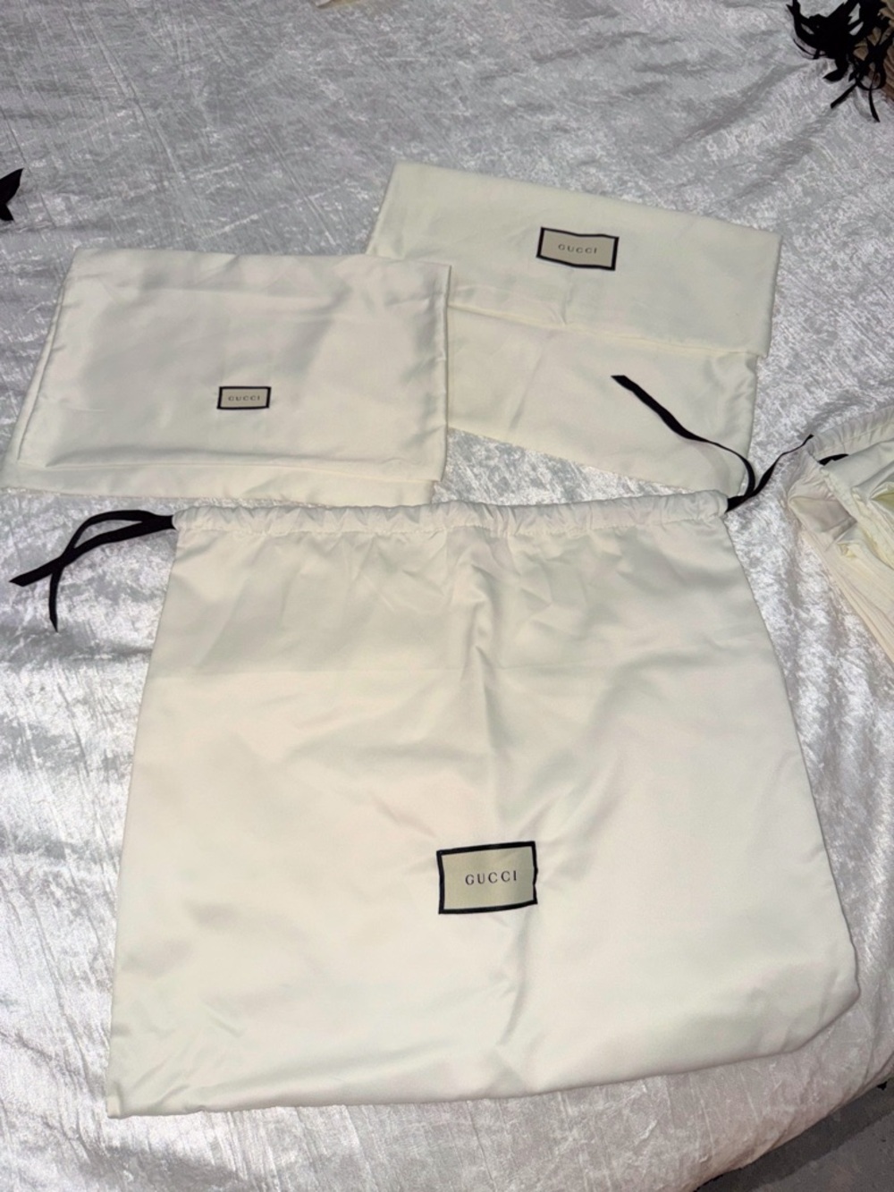 Gucci Cream Drawstring Dust Bag Set with Black Trim 14X10